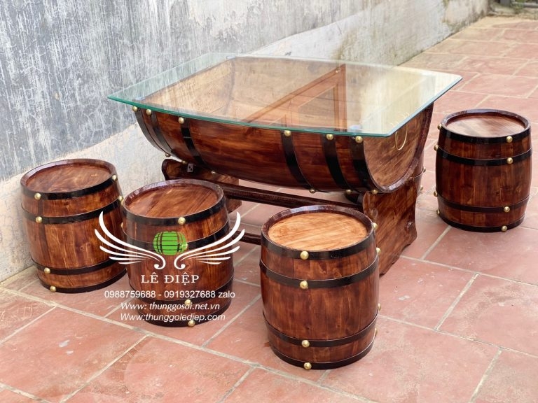 bàn ghế thùng rượu gỗ